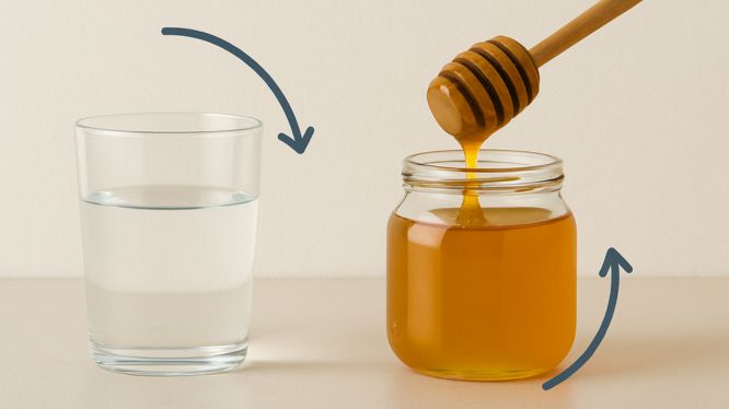 Un vaso de agua y un frasco de miel con un cucharón de madera goteando, colocados uno al lado del otro sobre una superficie clara. Flechas curvas apuntan hacia cada líquido, ilustrando visualmente la diferencia en su comportamiento de flujo, destacando la baja viscosidad del agua frente a la alta viscosidad de la miel.