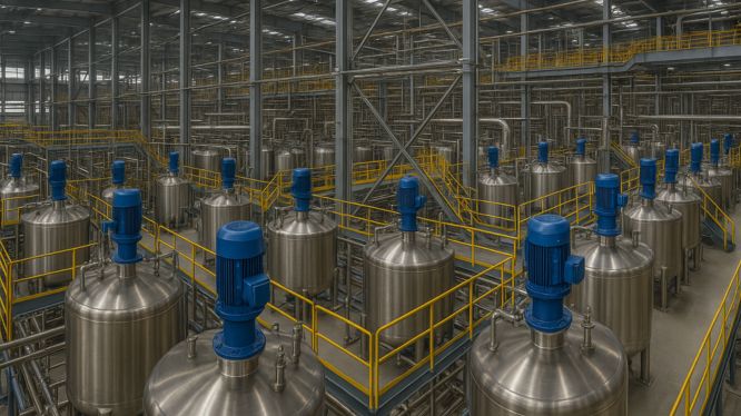 Vista panorámica de una planta industrial con múltiples tanques de acero inoxidable equipados con agitadores eléctricos de Agimex, mostrando una instalación de gran escala y alta tecnología en sistemas de mezcla.