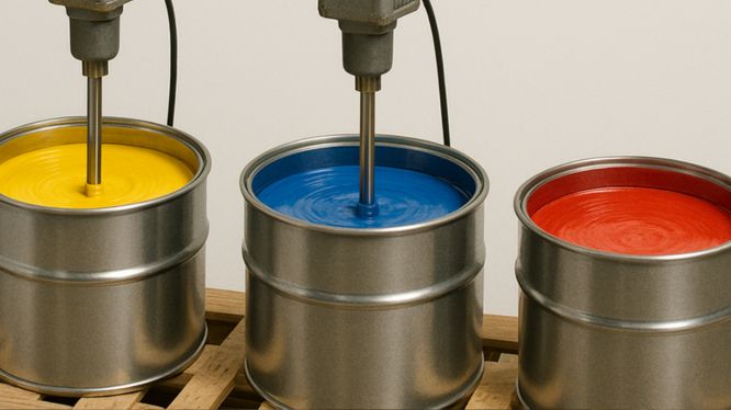 Tres agitadores eléctricos mezclan tintas homogéneas de colores primarios (amarillo, azul y rojo) en tambores metálicos sobre tarimas de madera, con fondo neutro claro.