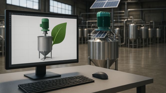 Render de una planta industrial con agitadores industriales sostenibles; al frente, una computadora muestra un diseño CAD con motor verde y hoja ecológica, representando ingeniería orientada a la sostenibilidad.