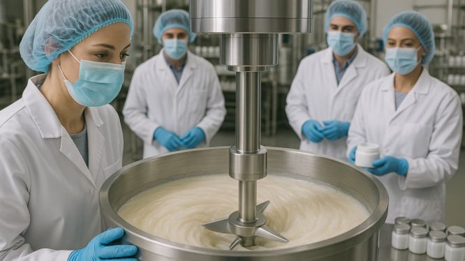 Equipo de cuatro técnicos en bata, cofia, cubrebocas y guantes supervisa la elaboración de una crema en un tanque mezclador de acero inoxidable en una planta de producción cosmética. Al fondo se observan frascos y estantes metálicos.