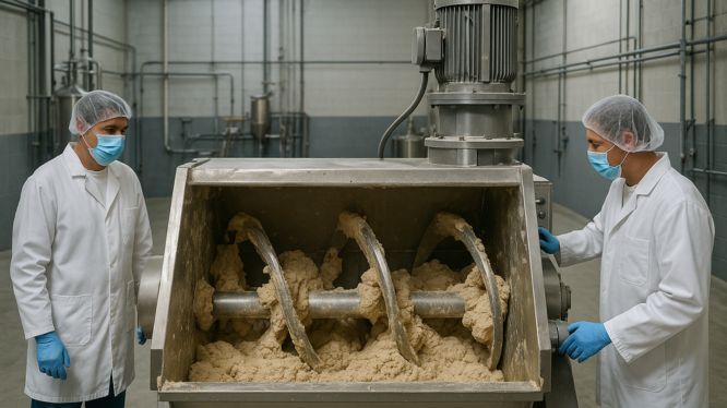 Dos operarios supervisan una mezcladora de doble eje en funcionamiento, procesando una mezcla de masa espesa dentro de una planta industrial alimentaria limpia y moderna.