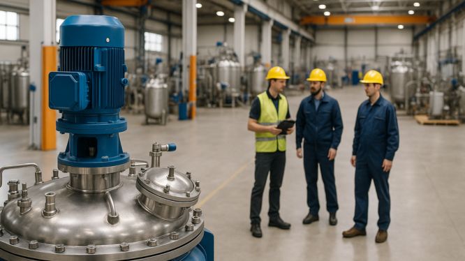 Tres trabajadores con casco amarillo, uno con chaleco de seguridad y portapapeles, conversan frente a un gran tanque de acero inoxidable con motor eléctrico azul en una planta industrial espaciosa. Al fondo se observan más tanques y equipos, en un entorno limpio, ordenado y bien iluminado.