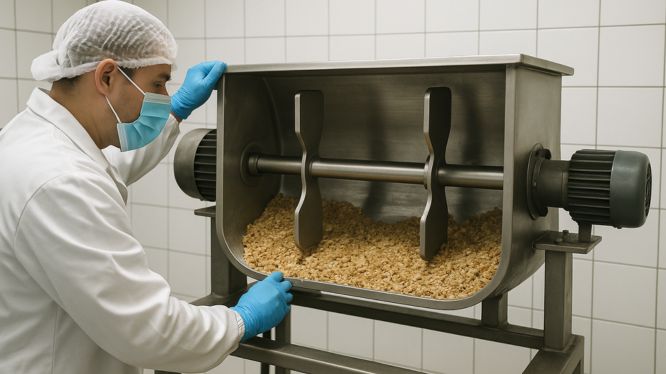 Técnico de procesamiento de alimentos usando bata, cofia, cubrebocas y guantes, inspecciona un mezclador industrial de acero inoxidable con hojuelas alimenticias en su interior, en una sala con azulejos blancos.