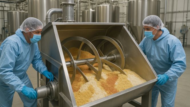 Dos operarios con overoles azules, cubrebocas, cofias y guantes observan un mezclador helicoidal industrial de acero inoxidable lleno de polvos alimenticios de distintos colores, en una planta de procesamiento con tanques al fondo.