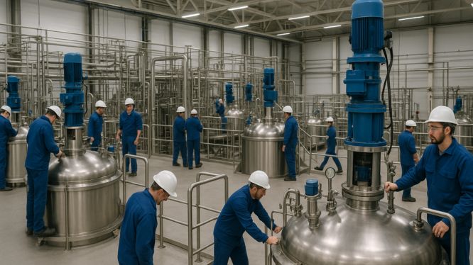 Varios trabajadores con uniforme azul y casco blanco operan reactores industriales de acero inoxidable equipados con grandes motores eléctricos en una planta de procesamiento. El entorno está lleno de tuberías metálicas organizadas, iluminado con luz blanca, y refleja un ambiente industrial moderno y altamente técnico.