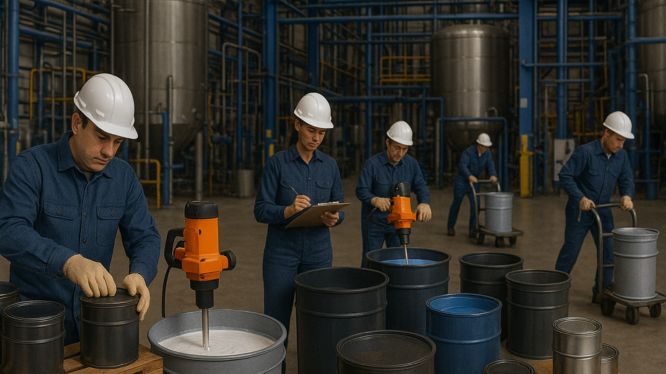 Trabajadores en planta industrial realizando tareas de mezcla, control de calidad y empacado de pintura en tambores metálicos. Se observan agitadores eléctricos, hojas de registro y bidones de distintos tamaños en un entorno de producción moderno con tanques y tuberías de fondo