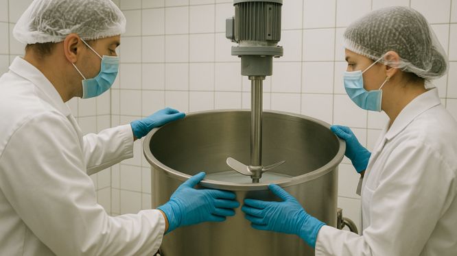 Dos técnicos en la industria alimentaria, con bata, cofia, cubrebocas y guantes, inspeccionan un tanque mezclador de acero inoxidable en una sala con paredes de azulejo blanco.