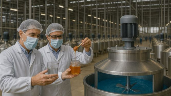 Dos trabajadores con bata blanca, mascarilla y red para el cabello observan una muestra de miel y un vaso de agua en una planta industrial de procesamiento de alimentos. Están junto a un gran tanque metálico con líquido azul y un motor superior, en un entorno amplio con múltiples tanques similares alineados.