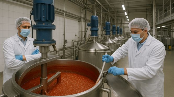 Técnicos supervisando el mezclado de salsa o puré en un tanque industrial dentro de una planta de procesamiento de alimentos