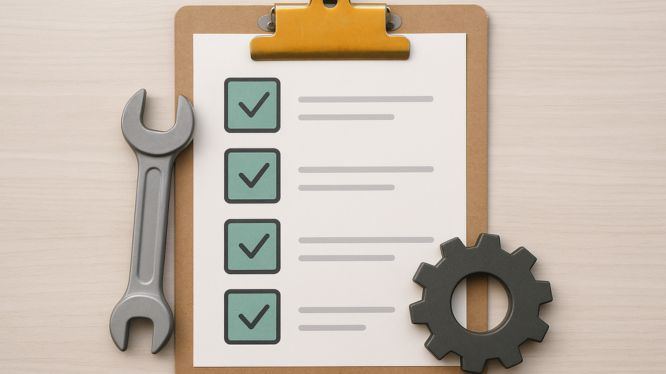 Checklist de mantenimiento preventivo con llave inglesa y engrane sobre una superficie de trabajo, representando las tareas clave para cuidar un agitador industrial.