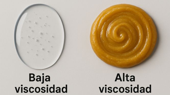 Comparación visual entre fluido de baja viscosidad y producto de alta viscosidad en superficie plana