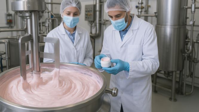 Operarios controlando la mezcla de crema cosmética rosada en un tanque de acero inoxidable dentro de una planta de producción