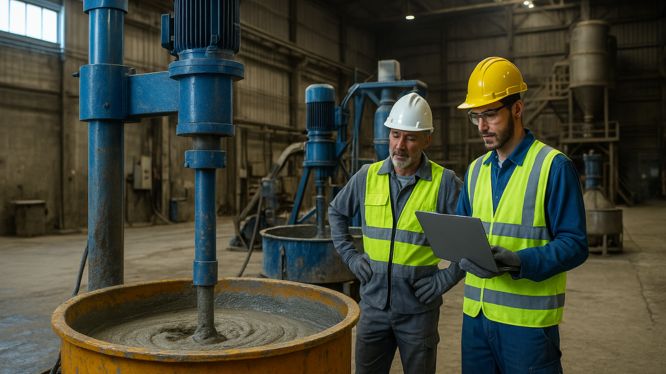 Ingenieros supervisando la mezcla de mortero en un entorno industrial de construcción con agitador robusto
