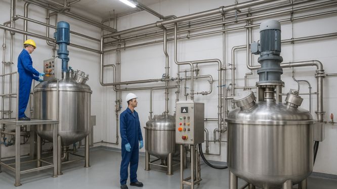 Trabajadores operando tanques mezcladores en una planta industrial química con sistemas de tuberías y control automatizado