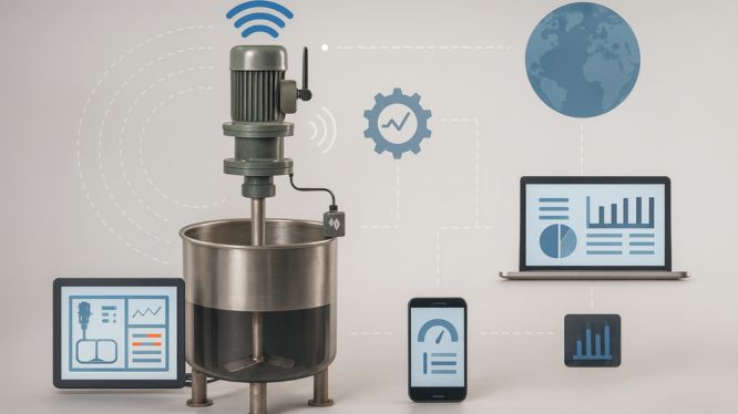 Fotografía de un agitador industrial de acero inoxidable con motor y antena, conectado digitalmente a una tablet, un teléfono móvil y una laptop que muestran gráficos y datos, representando la monitorización en tiempo real y el control mediante tecnología IoT.