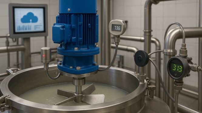 Fotografía de un agitador industrial de acero inoxidable con motor azul, sensores digitales que muestran lecturas de temperatura y presión, y una pantalla en el fondo con icono de nube, representando la integración del equipo con sistemas de monitorización IoT.