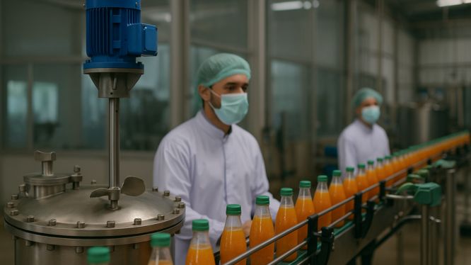 Trabajadores con mascarilla y cofia supervisando una línea de producción de jugos, junto a un agitador industrial montado sobre un tanque de acero inoxidable en una planta procesadora de bebidas.