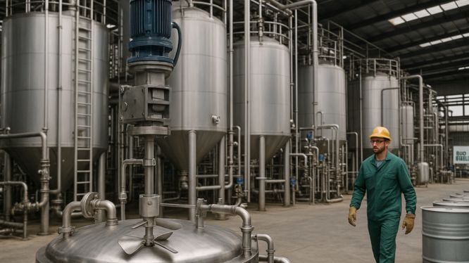 Trabajador con casco y overol verde caminando junto a un tanque con agitador industrial en una planta de producción de biodiésel, rodeado de grandes reactores de acero inoxidable y una red de tuberías industriales.