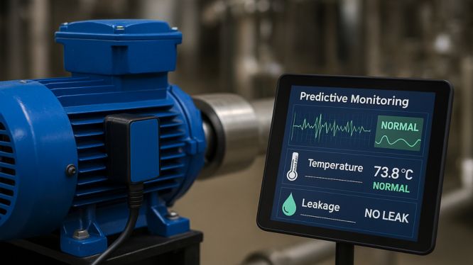 Pantalla de monitoreo predictivo mostrando vibración, temperatura y fugas en un motor de agitador industrial en planta química.