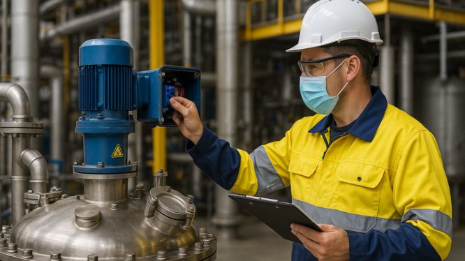 Operario con casco, mascarilla y equipo de seguridad inspeccionando un agitador industrial en planta química.