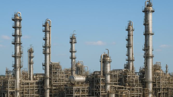 Vista de una planta química industrial con torres de destilación, tuberías y equipos de proceso donde se utilizan agitadores industriales.