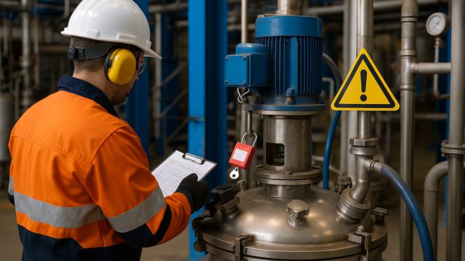Trabajador con casco y protección auditiva aplicando procedimiento Lockout Tagout (LOTO) en un agitador industrial dentro de planta química.
