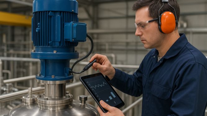Fotografía de un agitador industrial de acero inoxidable con motor azul, sensores digitales que muestran lecturas de temperatura y presión, y una pantalla en el fondo con icono de nube, representando la integración del equipo con sistemas de monitorización IoT.