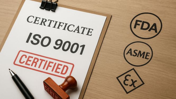 Certificado ISO 9001 junto a sellos de cumplimiento FDA, ASME y ATEX, representando la importancia de las certificaciones en la fabricación de agitadores industriales.