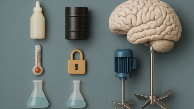 Ilustración conceptual que combina un cerebro con un agitador industrial, rodeado de iconos representando viscosidad, temperatura, volumen y seguridad, simbolizando el diseño inteligente en procesos de mezcla.