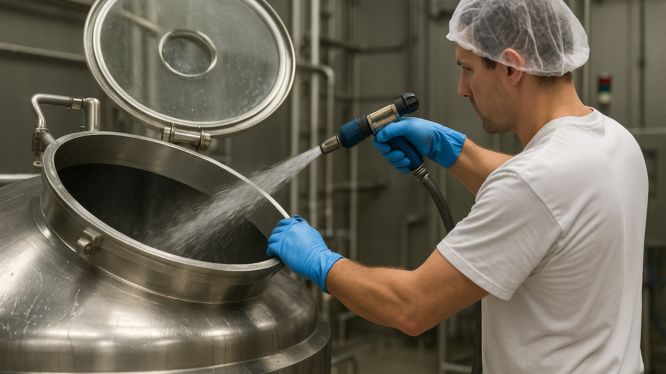 Operario con cofia, guantes azules y camiseta blanca limpia el interior de una mezcladora industrial de acero inoxidable utilizando un chorro de agua a presión.