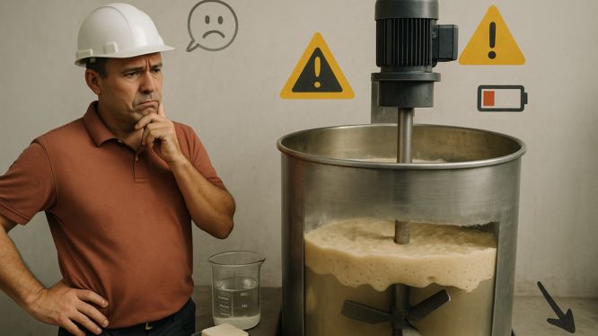 Hombre con casco de seguridad observa preocupado una mezcladora industrial de acero inoxidable llena de espuma, con símbolos de advertencia en la pared indicando fallas o riesgos en el proceso.