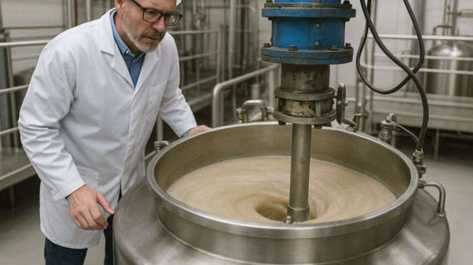Técnico con bata blanca y cofia observa atentamente una mezcladora industrial de acero inoxidable en funcionamiento, donde el líquido forma un vórtice mientras es agitado en la planta de producción.